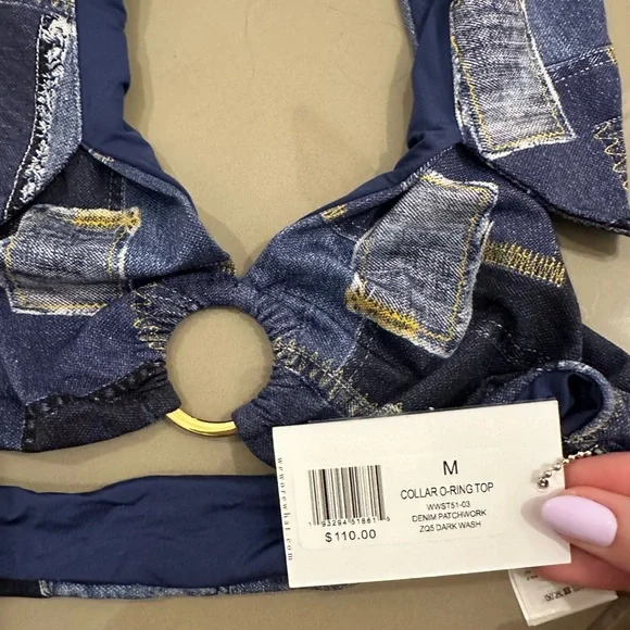 WeWoreWhat Patchwork Denim Halter Bathing Suit Top - Picture 3 of 3